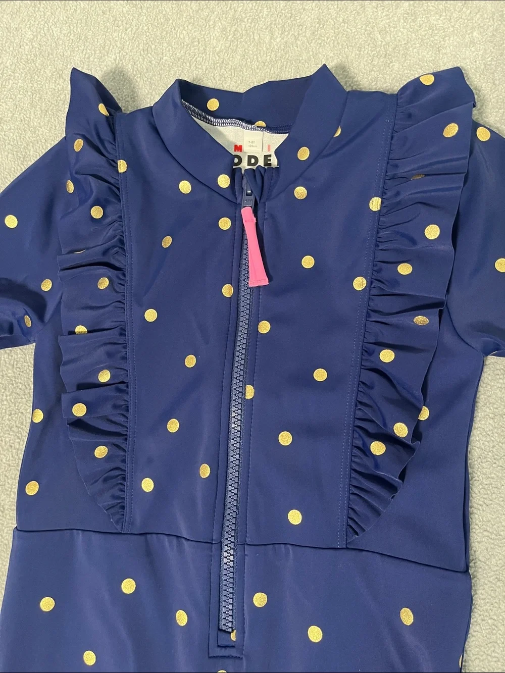 Mini Boden Rashgaurd Onepeice Jumpsuit Swimsuit Girls 7 Longsleeve Polkadot Zip